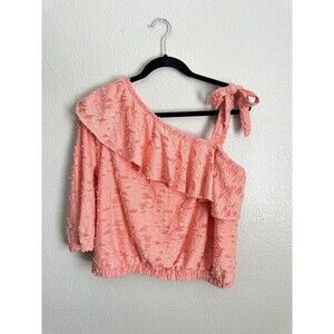 Lauren Conrad One Shoulder Tie Ruffle Blouse Women's Size Large Burnout Coral